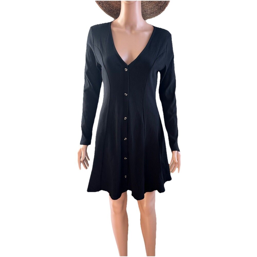 NWT ASOS Black Ribbed Button Front Long Slve Skater Mini Dress US 8 UK 12 Chic